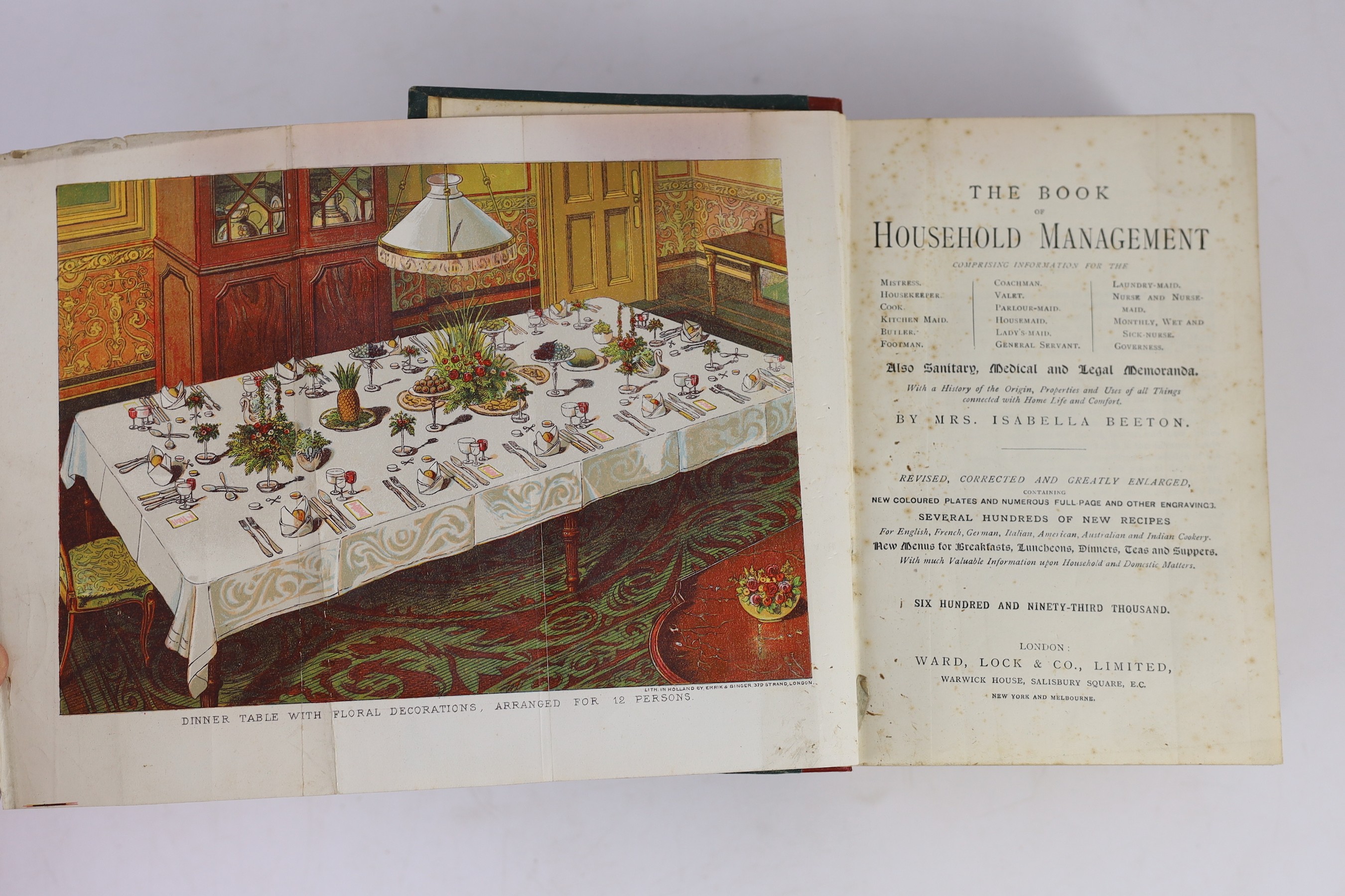 Beeton , Isabella Mary - The Book of Household Management, 8vo, with 13 coloured plates, 2 of them folding, (spine torn), London, 1888; Craig, Elizabeth (editor) - Cookery Illustrated and Household Management, 1936 and S